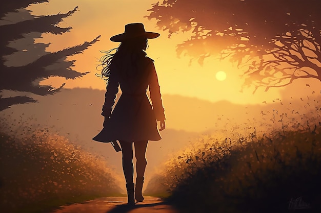 Une femme dans un chapeau de cow-boy marche dans un chemin au coucher du soleil.