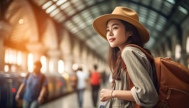 une femme dans un chapeau est debout dans une gare