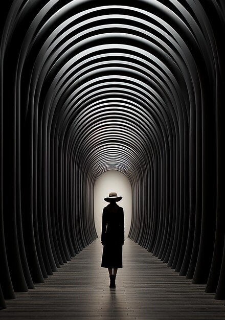 une femme dans un chapeau marche dans un tunnel avec une femme dans une casquette