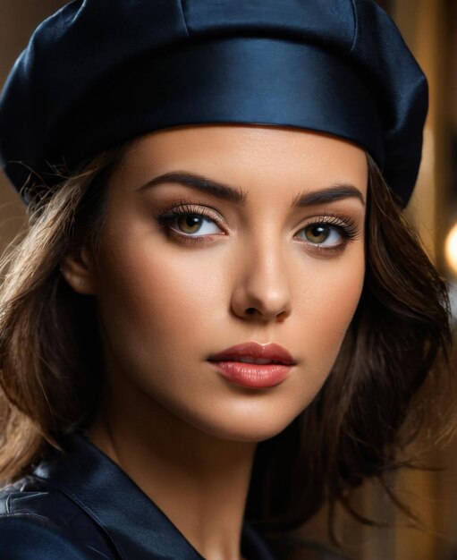 une femme dans un chapeau de marine avec un chopeau bleu sur