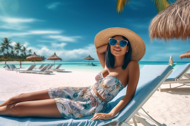 une femme dans un chapeau de paille est assise sur une chaise de plage