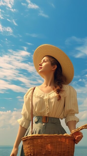 une femme dans un chapeau de paille avec un fond de ciel