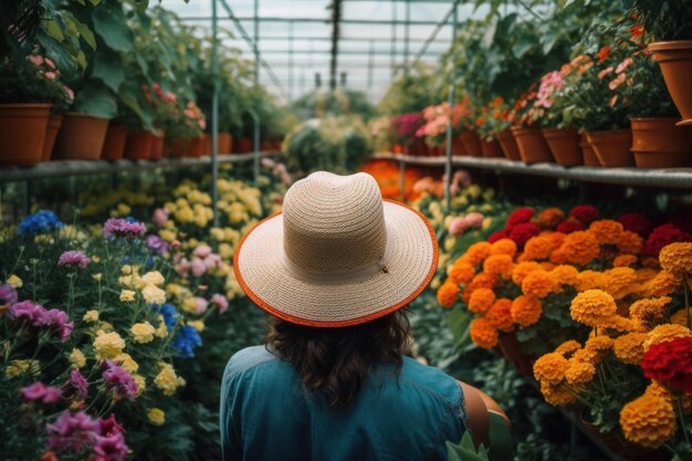 Une femme dans un chapeau de paille regardant des fleurs Image AI générative