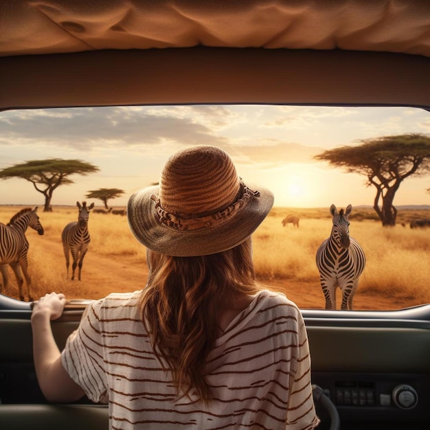 Photo une femme dans un chapeau de paille regarde des zèbres