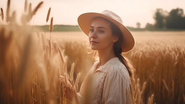 une femme dans un chapeau de paille se tient dans un champ de blé