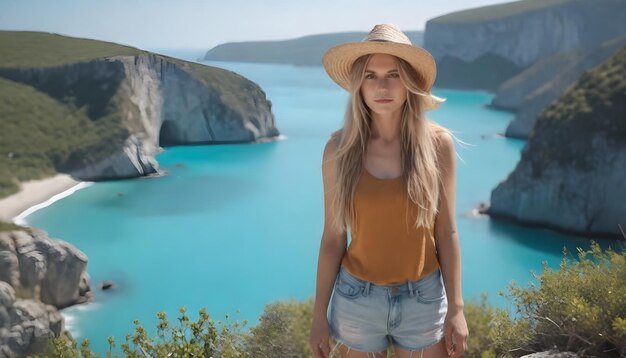 Photo une femme dans un chapeau de paille se tient devant une plage avec un océan bleu en arrière-plan