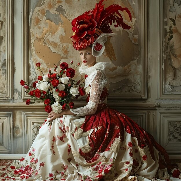 Photo une femme dans un chapeau rouge avec un bouquet de fleurs dans sa main