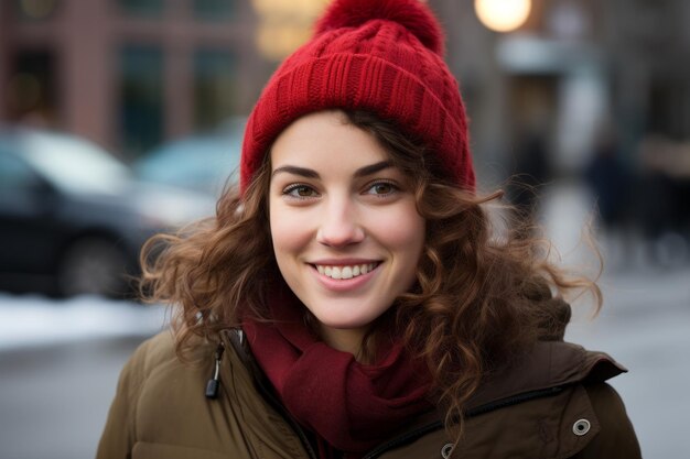 une femme dans un chapeau rouge et un manteau sourit à la caméra