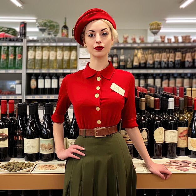 Photo une femme dans un chapeau rouge se tient devant un magasin de vin