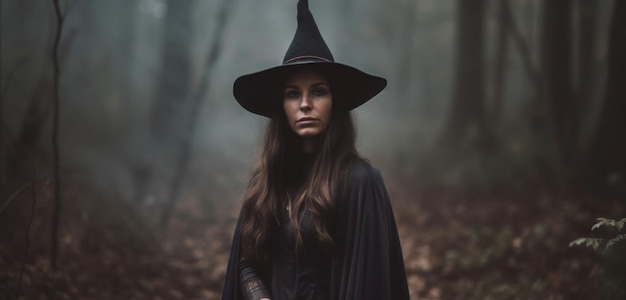 Une femme dans un chapeau de sorcière noir se tient dans une forêt.