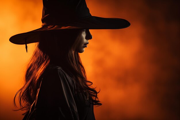 une femme dans un chapeau de sorcière se tient devant un fond sombre