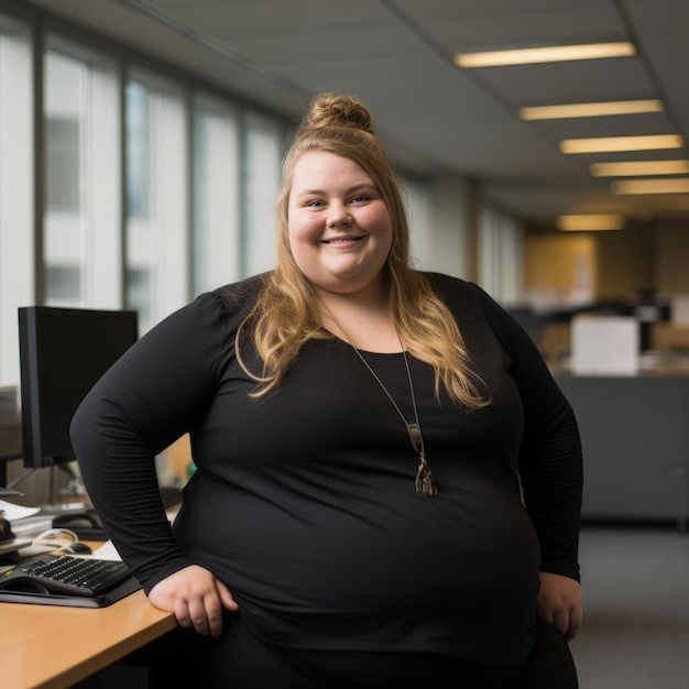 une femme dans une chemise noire debout devant un bureau