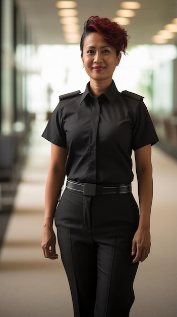 une femme dans une chemise noire et un pantalon noir