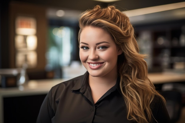 une femme dans une chemise noire souriant à la caméra