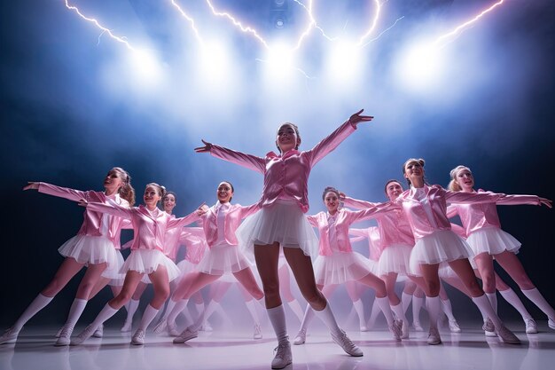 Une femme dans une chemise rose et une jupe blanche debout devant un groupe de