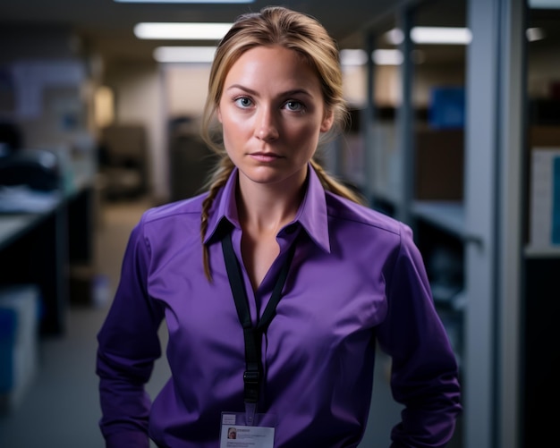 une femme dans une chemise violette debout dans un bureau