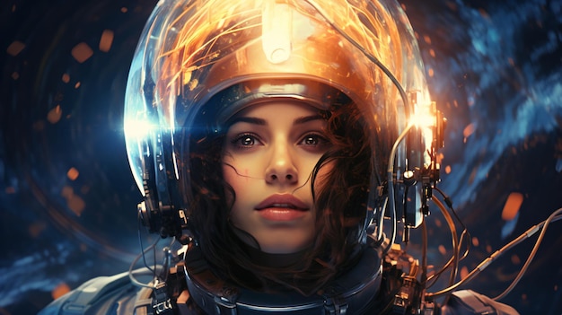 une femme dans une combinaison spatiale avec un casque lumineux