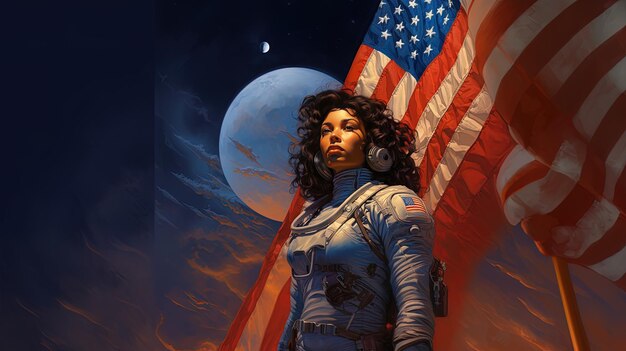 une femme dans une combinaison spatiale avec un drapeau et une lune en arrière-plan