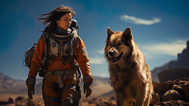 une femme dans une combinaison spatiale orange avec un chien et un chien