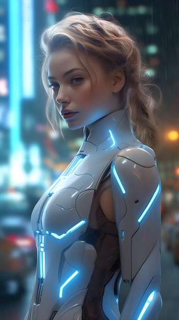 Une femme dans un costume futuriste avec une lumière bleue sur sa poitrine.