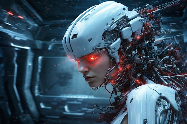 une femme dans un costume futuriste regarde Cyborg dans une balade futuriste