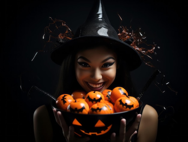 Femme dans un costume d'Halloween tenant un bol de bonbons avec un sourire espiègle