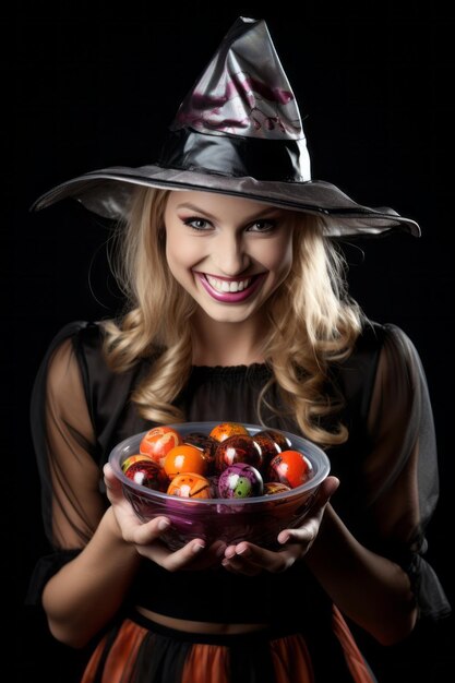 Photo femme dans un costume d'halloween tenant un bol de bonbons avec un sourire espiègle