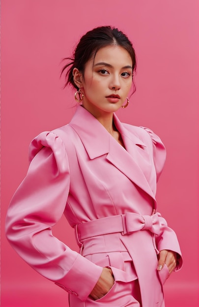 une femme dans un costume rose et pose sur un fond rose isolé