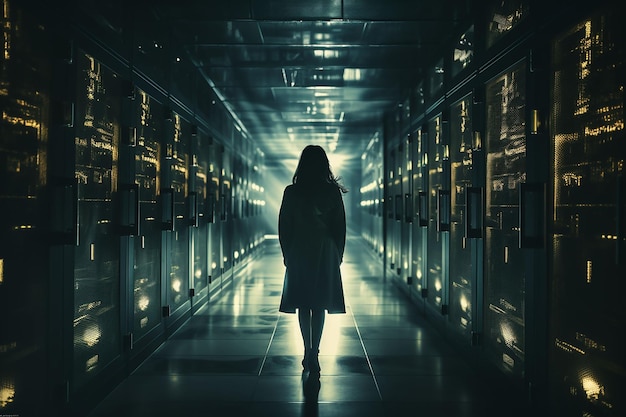 Photo une femme dans le couloir avec un centre de données sombre