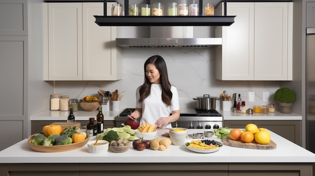 une femme dans une cuisine avec un bol de fruits et légumes.