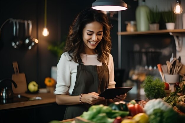 Femme dans la cuisine en train de taper sur tablette tout en préparant des légumes