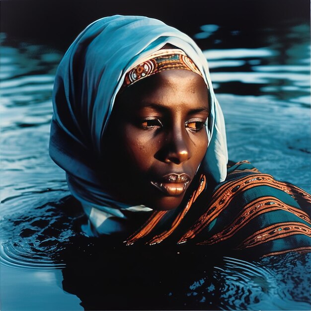 Photo une femme dans l'eau avec le mot o sur sa tête