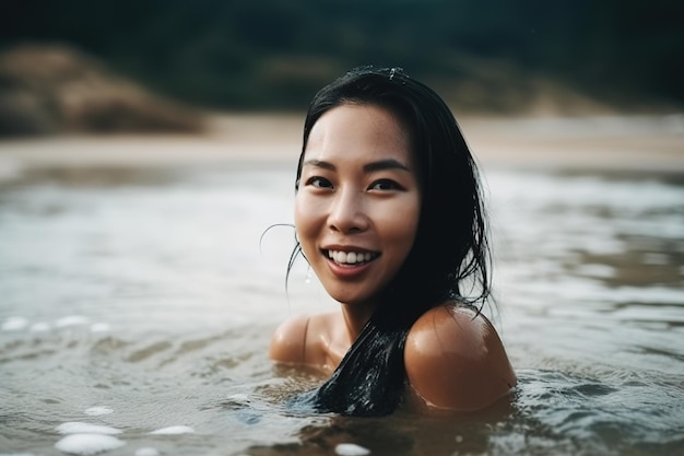 Une femme dans l'eau avec le mot plage en bas