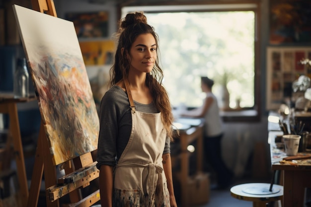 femme dans une école d'art portant un tablier dessinant sur un chevalet