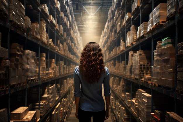 Une femme dans un entrepôt inspecte des boîtes.