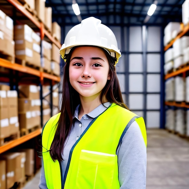 Une femme dans un entrepôt portant un casque et un gilet jaune.