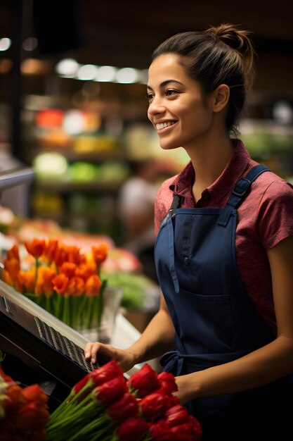 Photo une femme dans une épicerie avec un bouquet de fleurs devant son ia générative