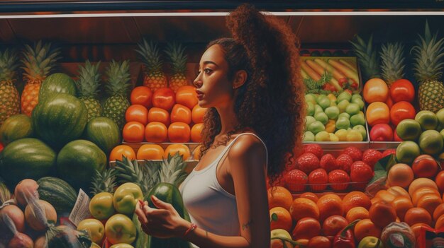 Photo une femme dans une épicerie tenant des fruits et des légumes