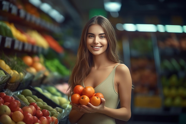 Une femme dans une épicerie tient un bouquet d'oranges.