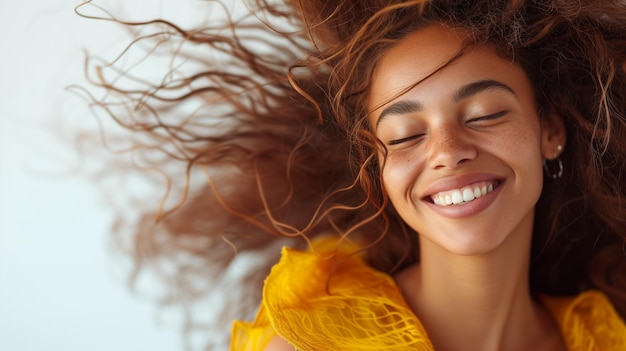 Femme dans un état de pure joie proche de bonheur succès fond blanc