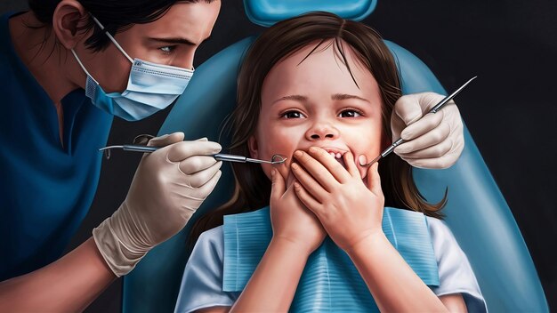 Une femme dans un fauteuil dentaire une fille couvre sa bouche des dentistes traitent les dents d'une fille