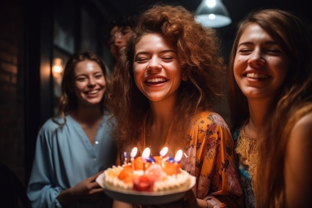 Femme dans une fête d'anniversaire et sourire avec des amis créés avec générative ai