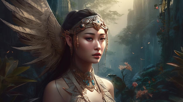 Une femme dans une forêt avec un conte de fées sur la tête