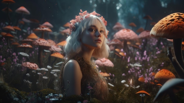 Une femme dans une forêt avec une couronne de fleurs sur la tête