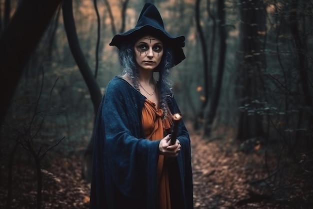 Une femme dans une forêt sombre avec un chapeau noir sur la tête marche dans un chemin