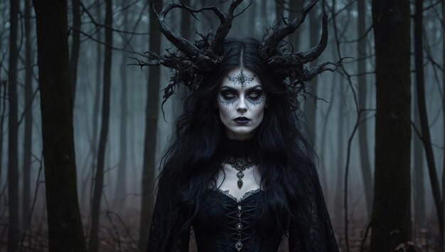 une femme dans une forêt sombre avec un crâne sur sa tête et des cornes sur sa tête