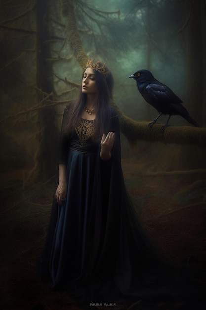 Une femme dans une forêt sombre avec un oiseau noir sur la tête.