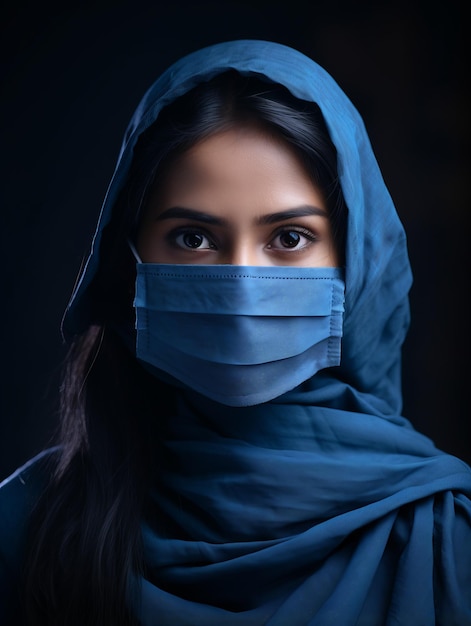 une femme dans un foulard bleu avec un masque chirurgical sur son visage