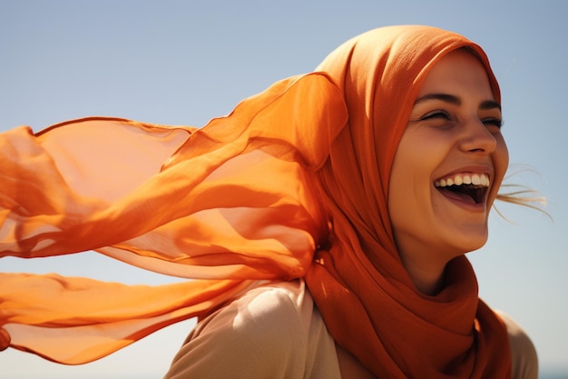 Une femme dans un foulard orange sourit dans la brise