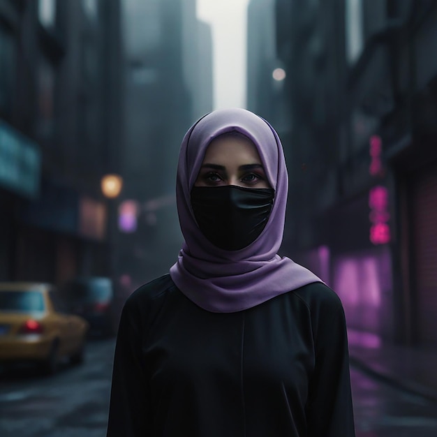 Photo une femme dans un foulard violet se tient dans une allée